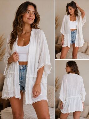 Ciel USA White Open Front Cotton Kimono‎ Cover Up Size Medium Boho Pockets